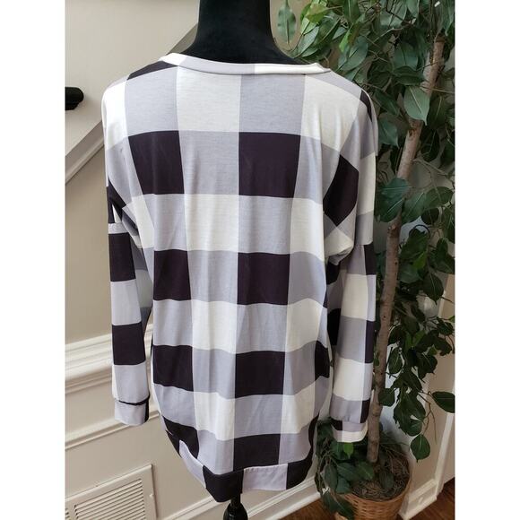 Women's Top Blouse Small Multi Buffalo Check Stretch Long Sleeve Round Neck Slit - Picture 4 of 10